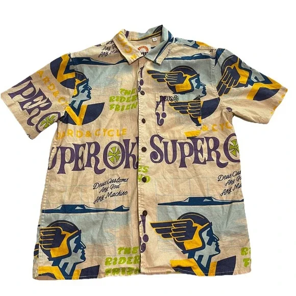 Deus Ex Machina Customs Super OK Hawaiian Shirt Riders Hemp Men's Size Small S - Picture 1 of 14